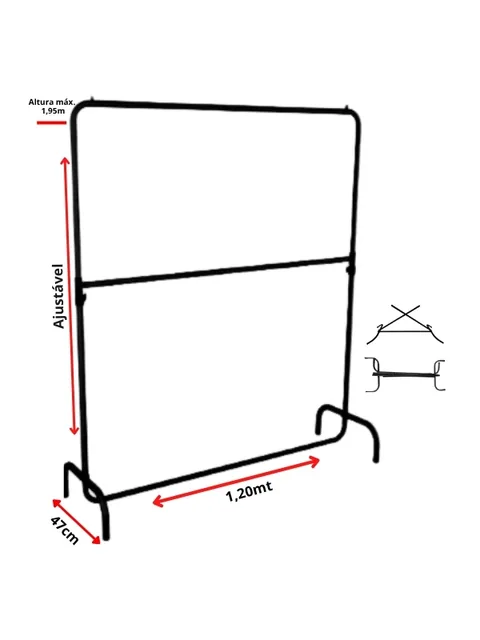Arara de roupa preta de dois níveis, 1,20 m de largura, com colunas reguláveis e pés curvados, vista frontal