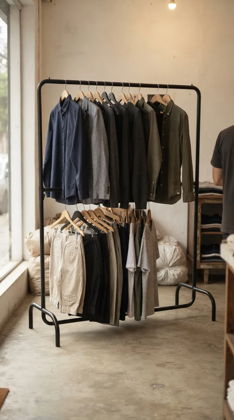 Arara de roupa preta de dois níveis montada em loja, com camisas penduradas no nível de cima e bermudas e camisetas no de baixo