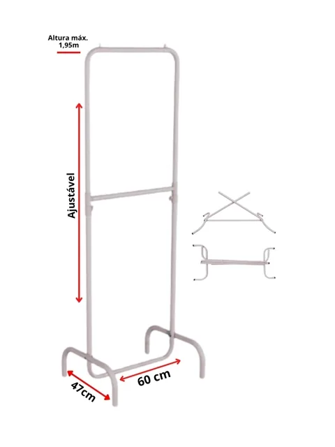 Arara de roupa branca de dois níveis, 60 cm de largura, com pés curvados, vista frontal