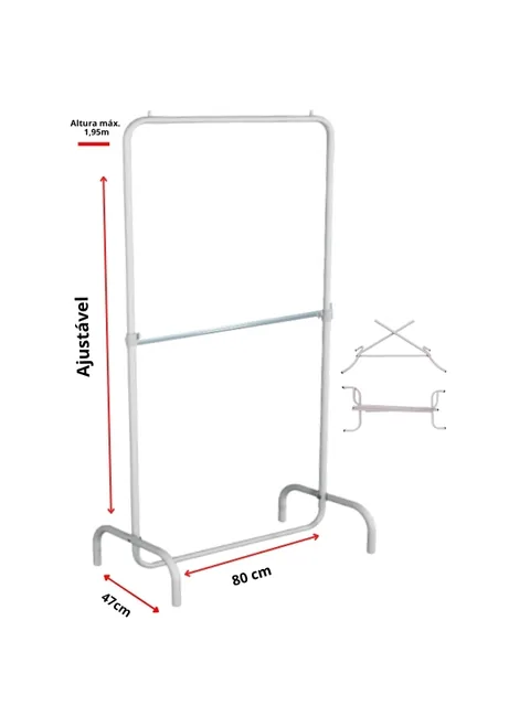 Arara de roupa branca de dois níveis, 80 cm de largura, com pés curvados, vista frontal