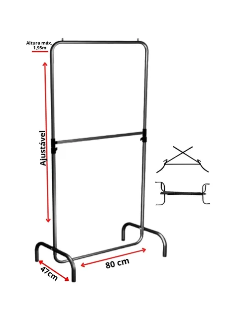 Arara de roupa preta de dois níveis, 80 cm de largura, com pés curvados, vista frontal