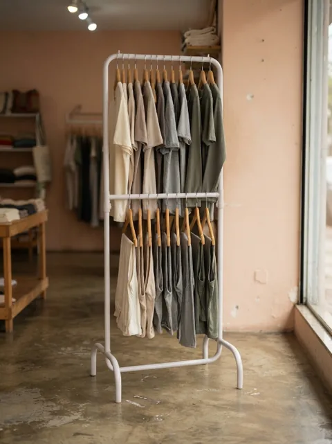 Arara de roupa branca de dois níveis montada em loja, com camisetas penduradas nas duas barras