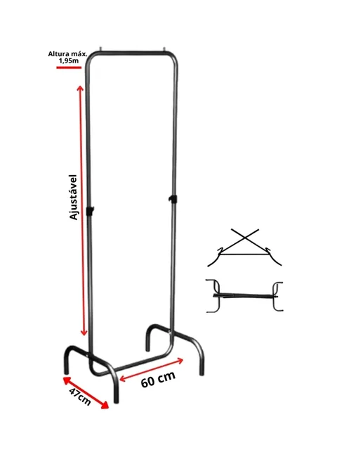 Arara de roupa preta dobrável de 60 cm de largura, coluna regulável e base em U, vista frontal