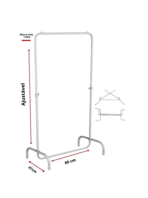 Arara de roupa branca dobrável de 80 cm de largura, coluna regulável e base em U, vista frontal