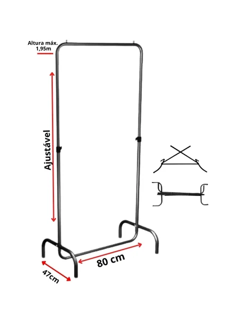 Arara de roupa preta dobrável de 80 cm de largura, coluna regulável e base em U, vista frontal