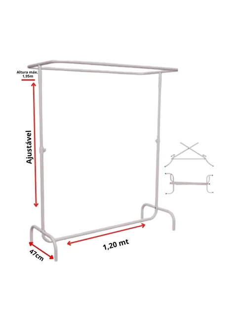 Arara de roupa branca com barra superior oval de 1,20 m e coluna central regulável