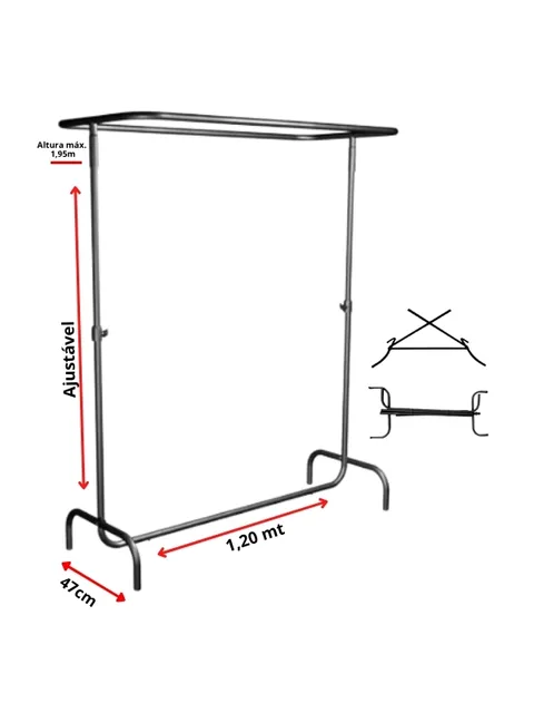 Arara de roupa preta com barra superior oval de 1,20 m e coluna central regulável