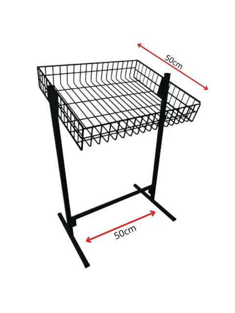 Banca de oferta aramada preta com cesto quadrado de 50x50 cm sobre estrutura tubular