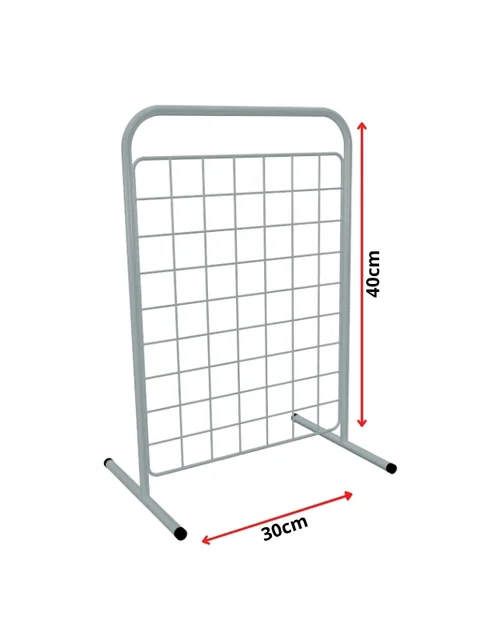 Biombo aramado branco de balcão, tela de 40 x 30 cm com base de apoio, vista frontal