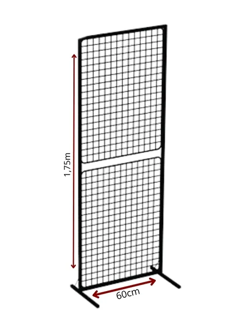 Biombo aramado preto de chão com tela quadriculada de 1,75 m por 60 cm e base em pé, vista frontal