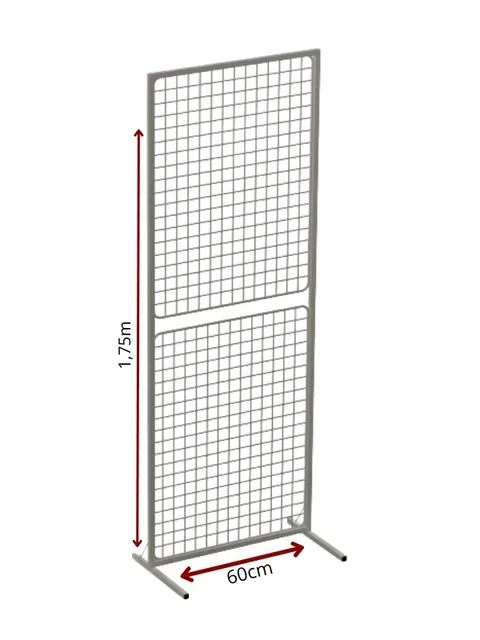 Biombo aramado branco de chão, 1,75 m por 60 cm, tela de malha quadrada, vista frontal