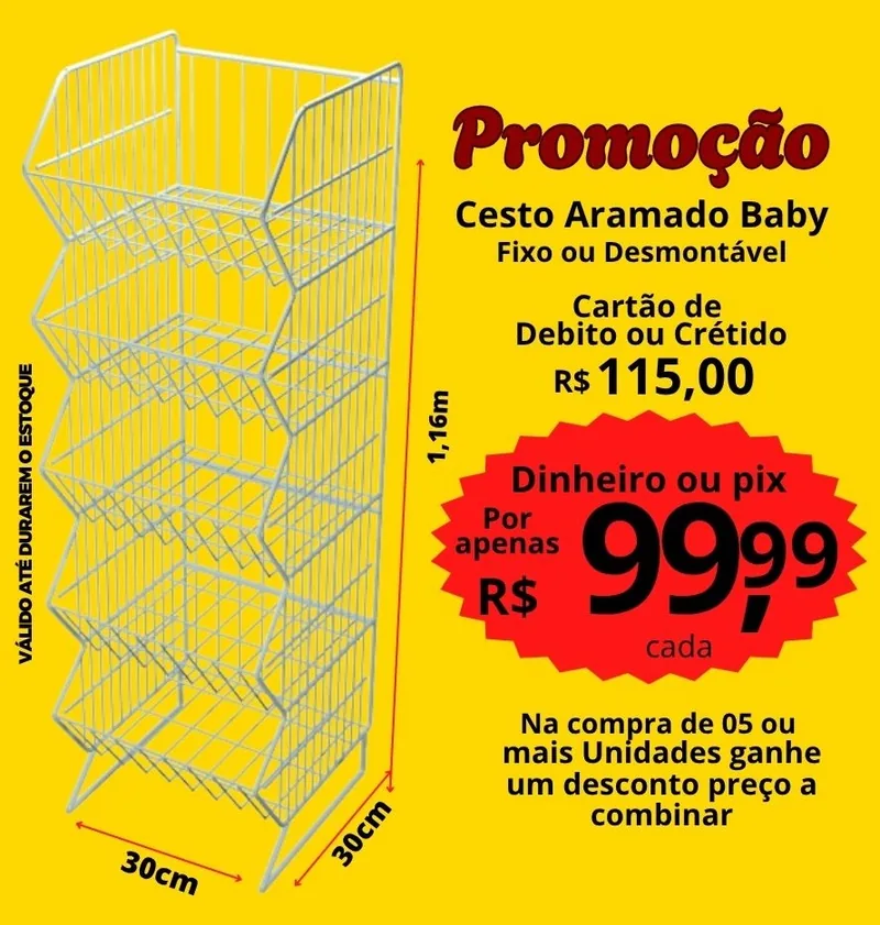 Cesto aramado baby branco de chão em arte promocional da Comercial Reis