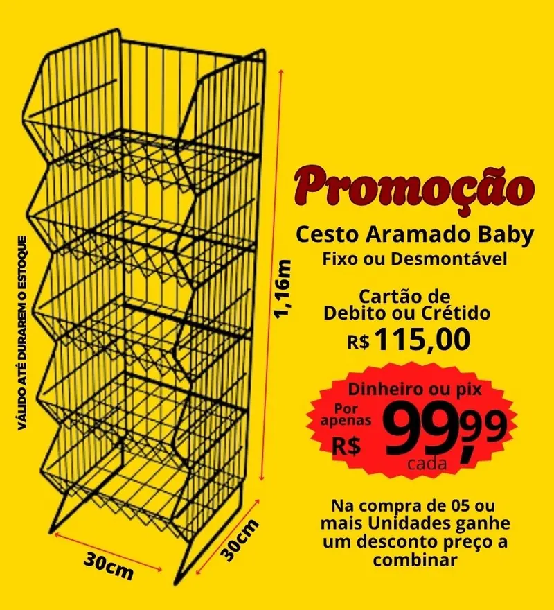 Cesto aramado baby preto de chão em arte promocional da Comercial Reis