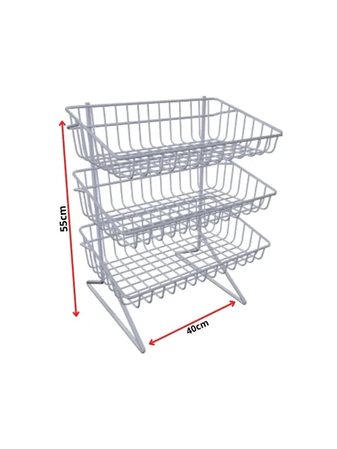 Expositor aramado branco de balcão com três cestos fixos em escada, 55 por 40 cm, vista frontal