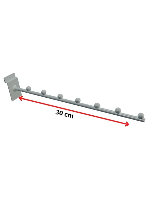 Gancho branco de 30 cm para painel canaletado, com sete esferas ao longo da haste