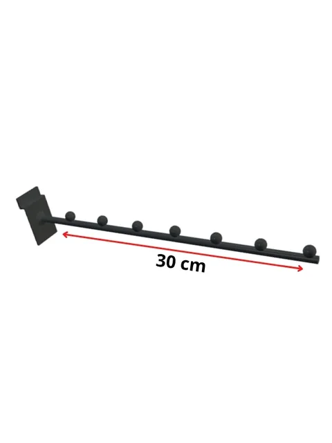 Gancho preto de 30 cm para painel canaletado, com sete esferas ao longo da haste