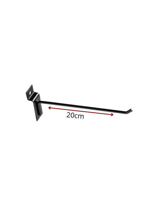 Gancho de arame preto de 20 cm com encaixe para canaleta, visto de lado