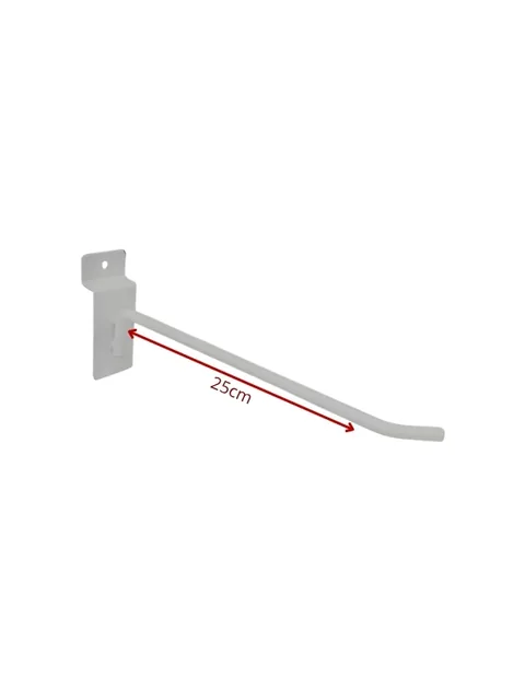 Gancho de arame branco de 25 cm com encaixe para canaleta, visto de lado