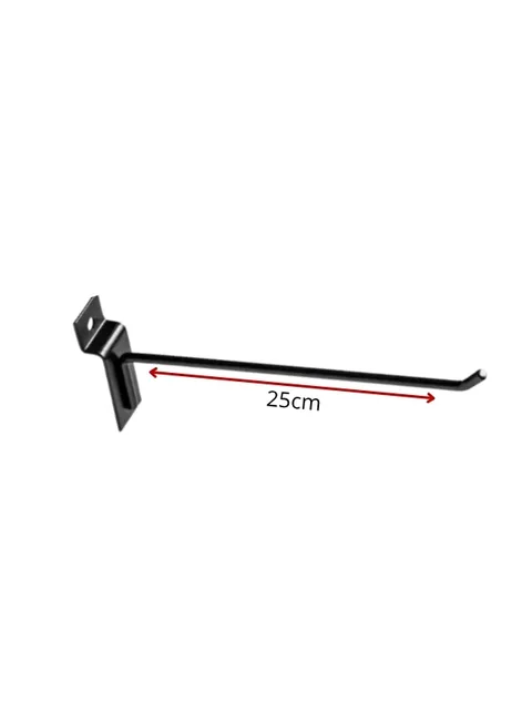 Gancho de arame preto de 25 cm com encaixe para canaleta, visto de lado
