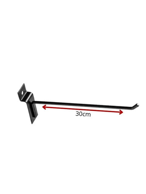 Gancho de arame preto de 30 cm com encaixe para canaleta, visto de lado