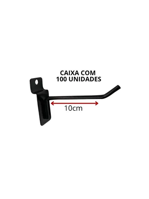 Gancho preto de 10 cm para painel canaletado, haste única com ponta levantada, vista lateral
