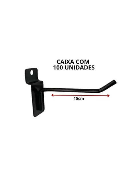 Gancho preto de 15 cm para painel canaletado, haste única com ponta levantada, vista lateral