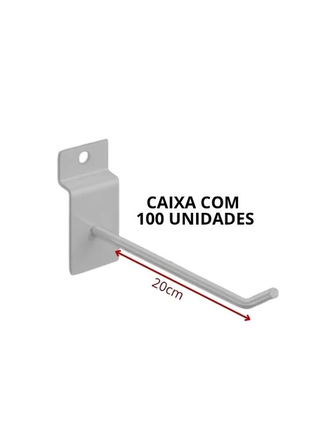 Gancho branco de 20 cm para painel canaletado, haste única com ponta levantada, vista lateral