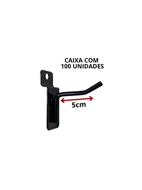 Gancho preto de 5 cm para painel canaletado, haste curta com ponta levantada, vista lateral