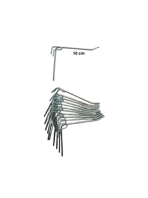 Gancho zincado de 10 cm para tela aramada, haste curta com dobra em J, vista lateral