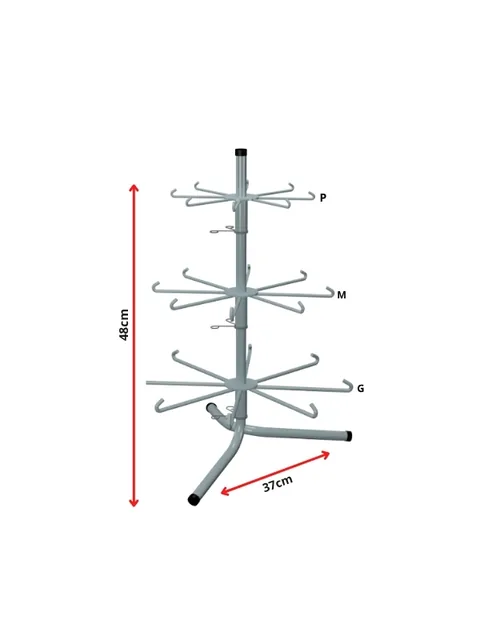 Expositor giratório branco de balcão com três níveis de ganchos e base circular