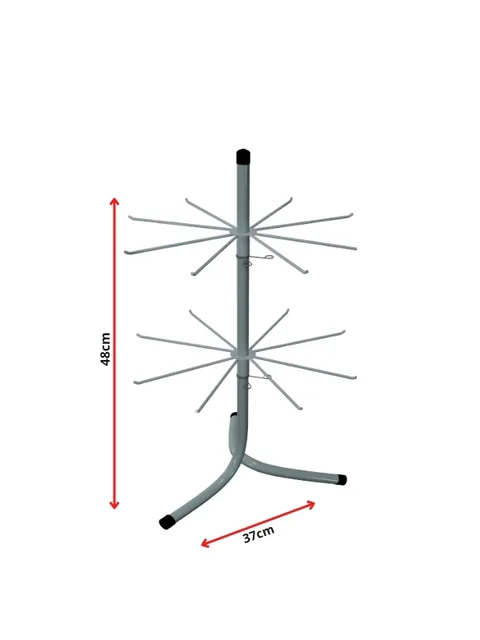 Expositor giratório de balcão branco com dois níveis de ganchos radiais sobre base circular, vista frontal