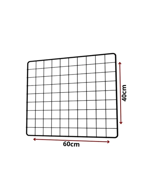 Tela aramada preta, 60 cm de largura por 40 cm de altura, malha quadrada de 5 cm, com cotas de medida