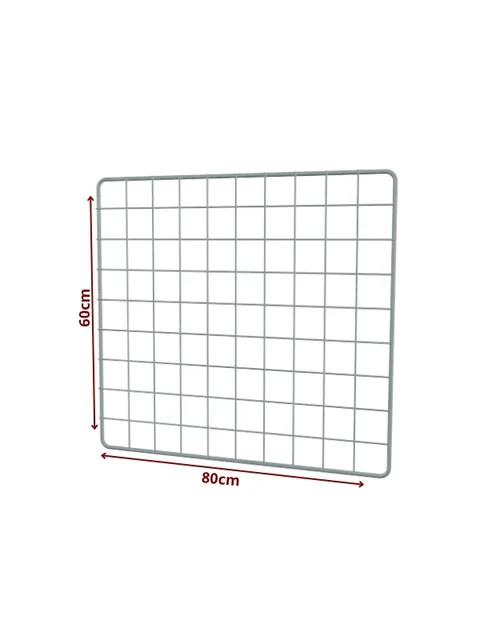 Tela aramada branca, 80 cm de largura por 60 cm de altura, malha quadrada de 5 cm, com cotas de medida