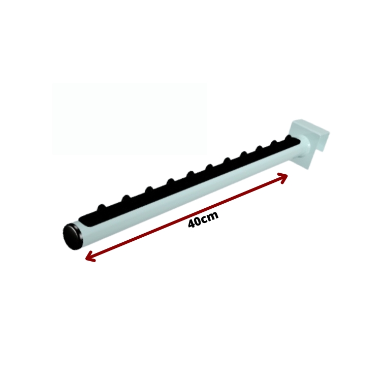 Cabideiro RT para Régua Reto Branco 40cm com 10 Esfera: Ideal para organização de roupas em ambientes como lojas, boutique, etc.; com acabamento com pintura epóxi, facilitando a limpeza