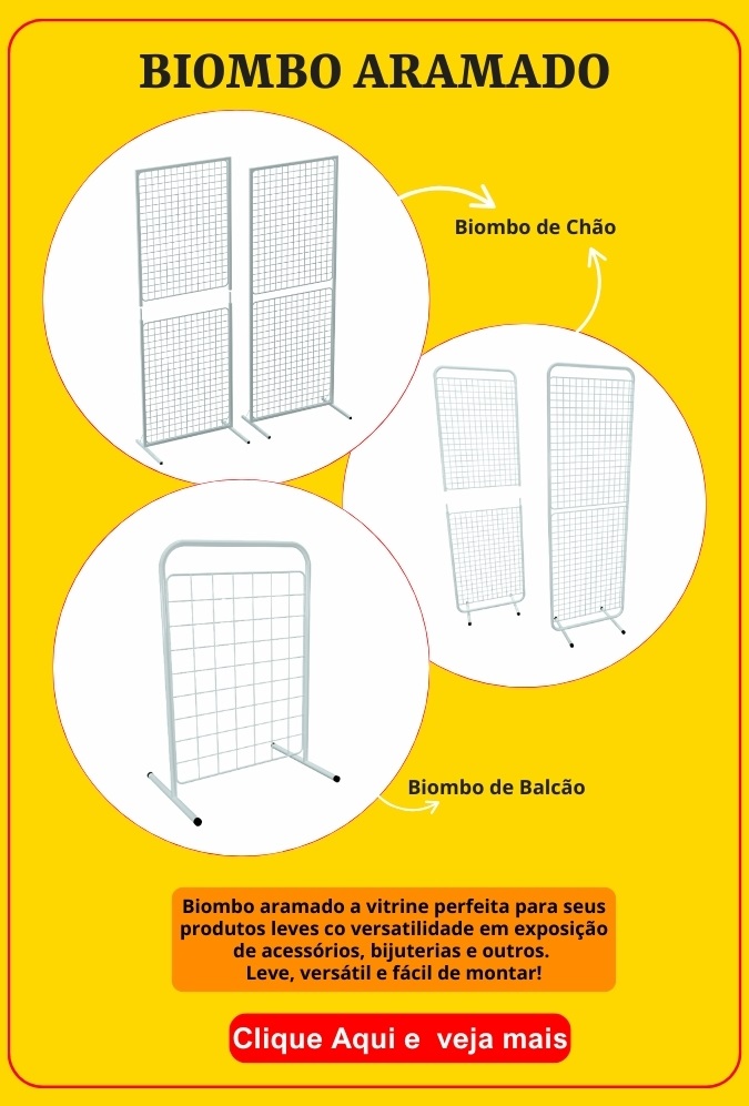 Biombo aramado a vitrine perfeita para seus produtos leves co versatilidade em exposição de acessórios, bijuterias e outros. Leve, versátil e fácil de montar!